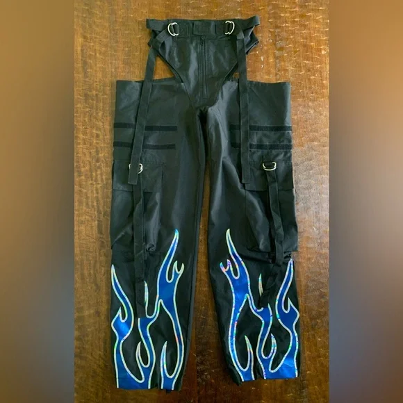 NAMILIA Size XS Black With Blue Flame Cut Out Moto Chaps Pants - Picture 7 of 7